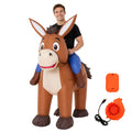 An adult wears the brown inflatable donkey costume with upright ears and faux rider legs.