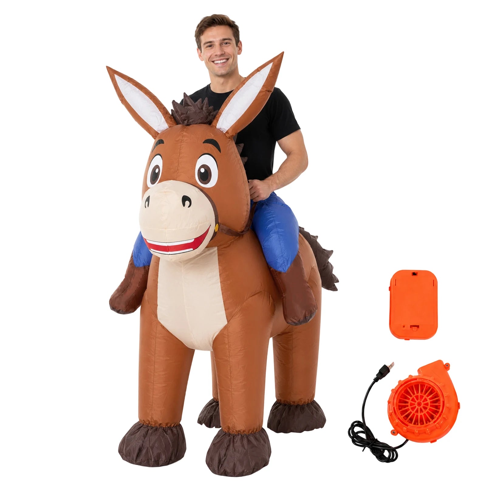 An adult wears the brown inflatable donkey costume with upright ears and faux rider legs.