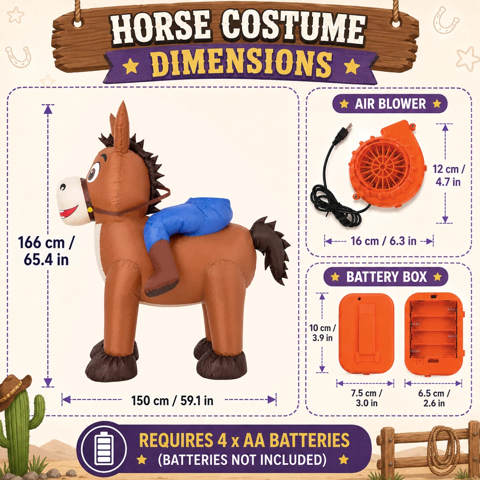 Donkey costume measurements appear with the included USB blower and four-AA battery box.