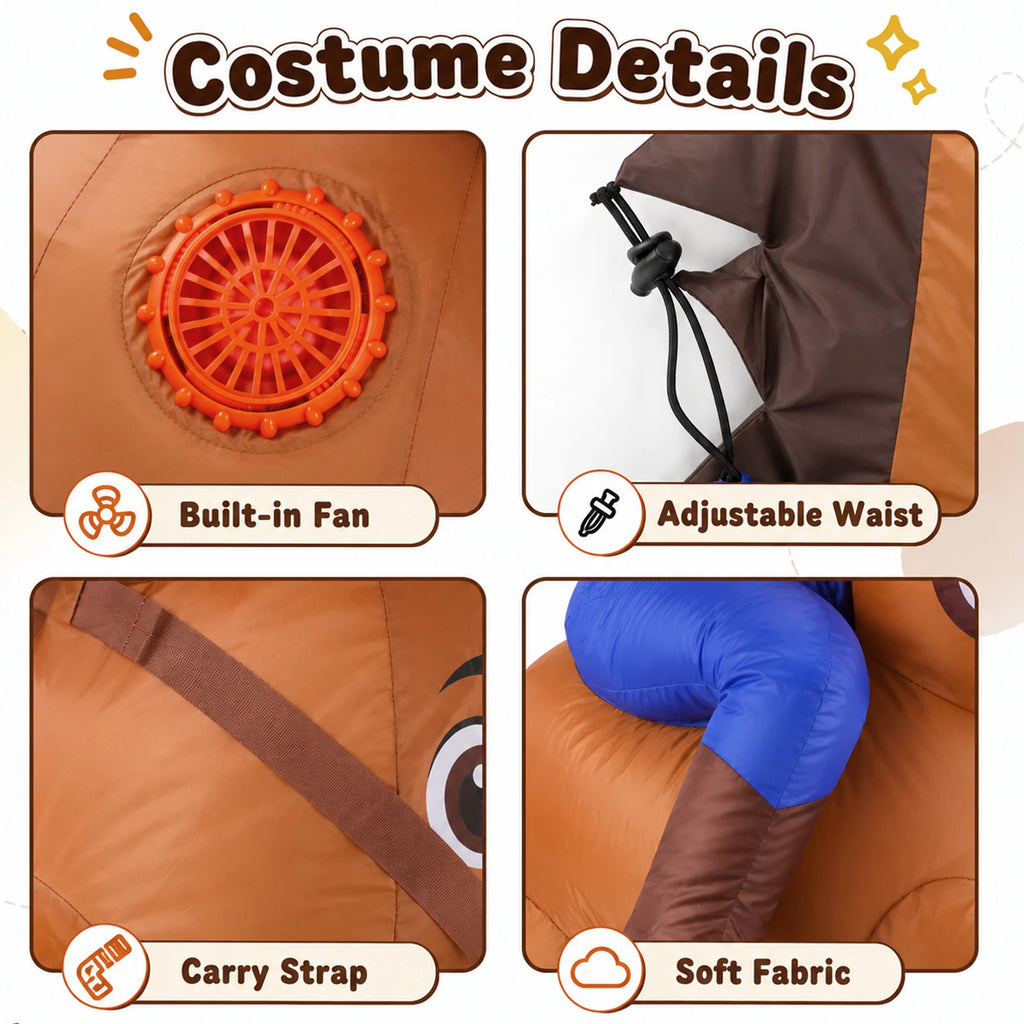 Close-ups show the donkey costume fan, adjustable waist, carry strap and soft printed fabric.