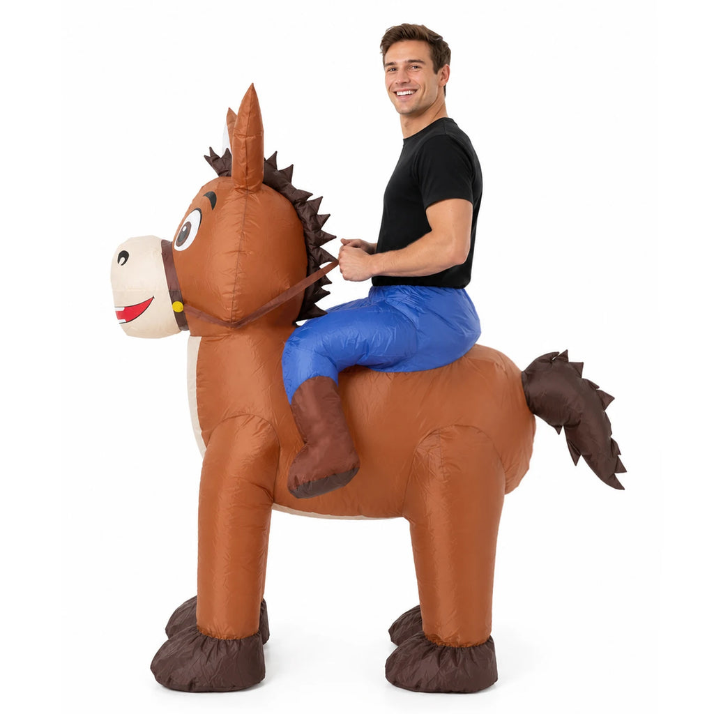 Front view shows the inflatable donkey costume's long ears, friendly face and carried-rider illusion.