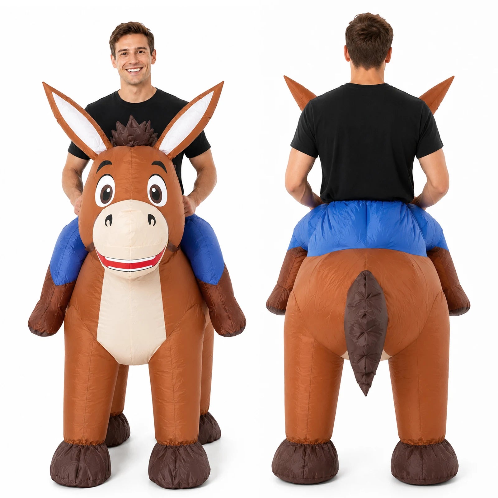 Front, side and rear comparisons show the complete ride-on inflatable donkey costume silhouette.
