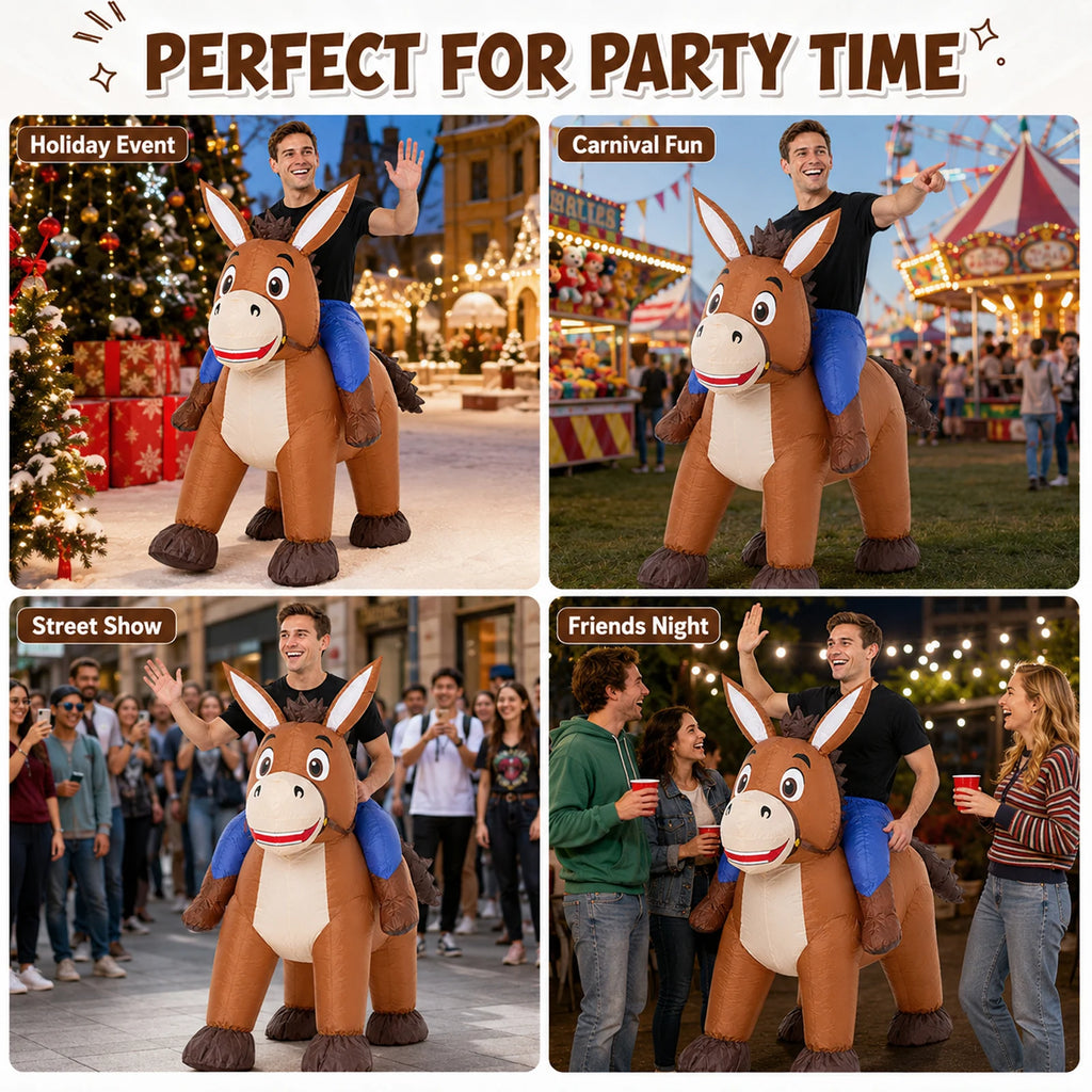 The inflatable donkey costume is shown for holiday gatherings, parades and playful group events.