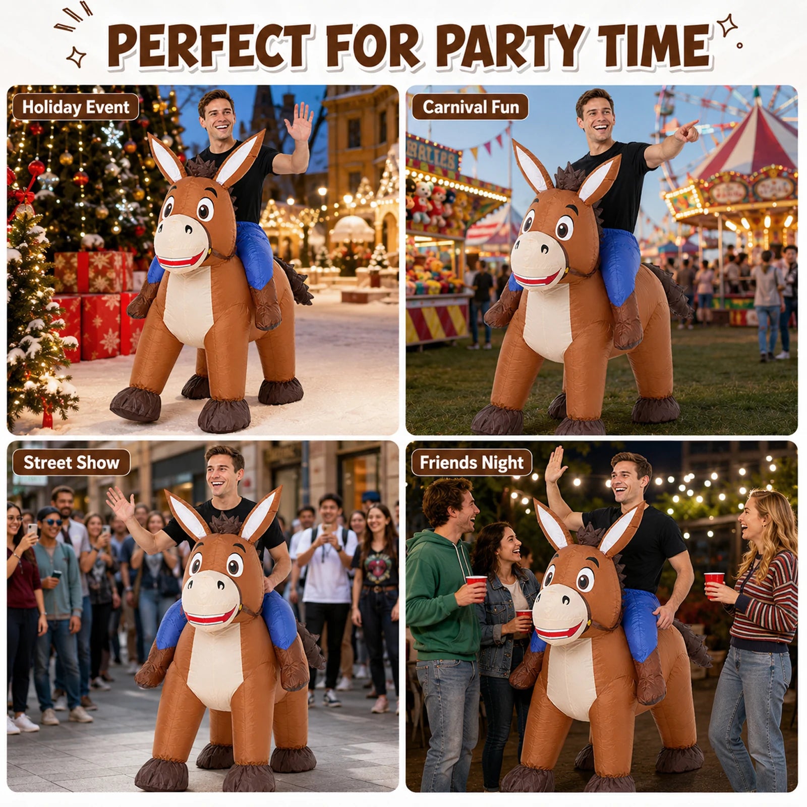 The inflatable donkey costume is shown for holiday gatherings, parades and playful group events.