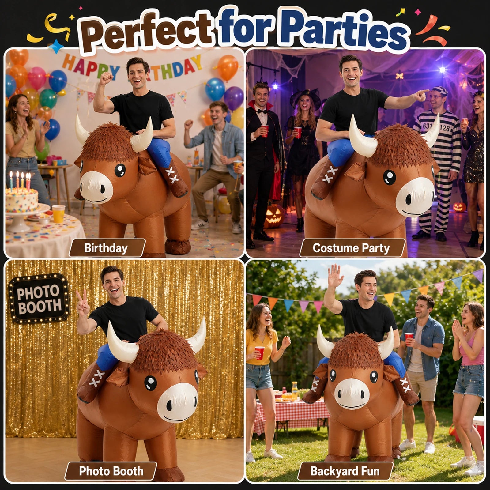The ride-on Highland cow costume is presented for birthdays, costume photos and outdoor events.