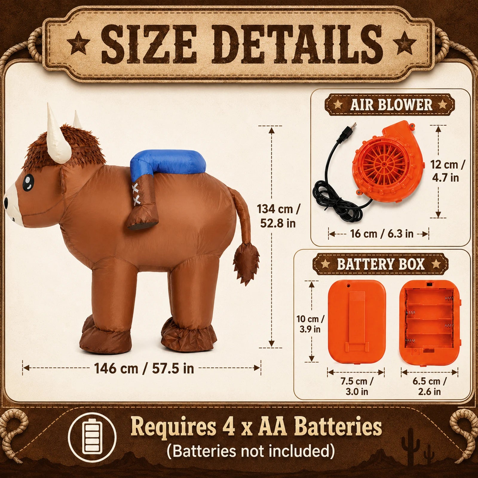 Highland cow costume measurements appear beside the included USB blower and battery box.