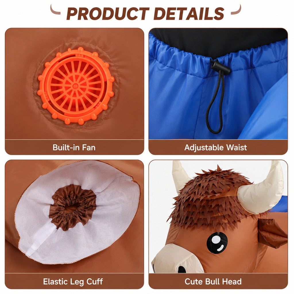 Detail panels show the cow costume fan, adjustable waist, elastic leg cuffs and soft horns.