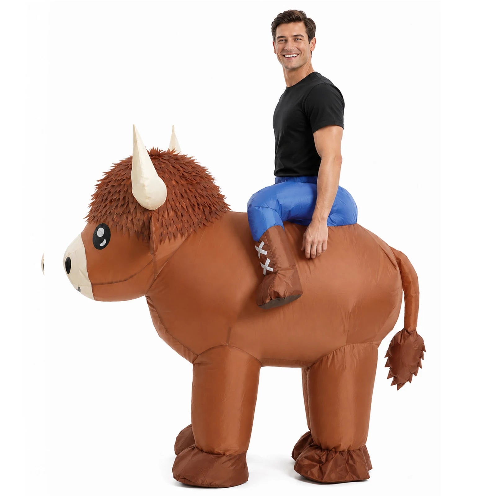 Front view highlights the Highland cow costume's horned head, broad muzzle and ride-on illusion.