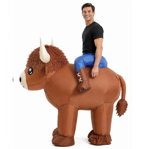 Front view highlights the Highland cow costume's horned head, broad muzzle and ride-on illusion.