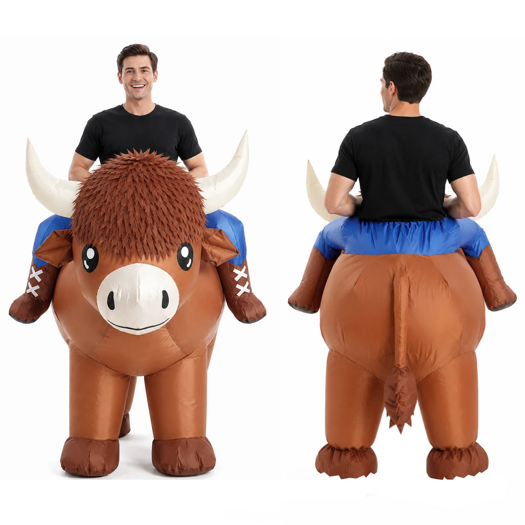 Front, side and rear comparisons display the complete ride-on Highland cow costume silhouette.