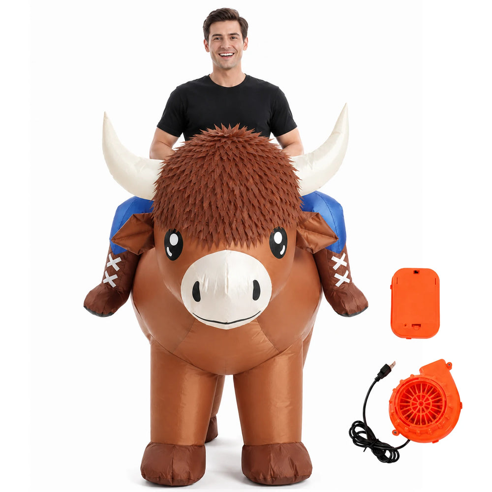 An adult wears the inflatable Highland cow costume with shaggy print, curved horns and faux legs.