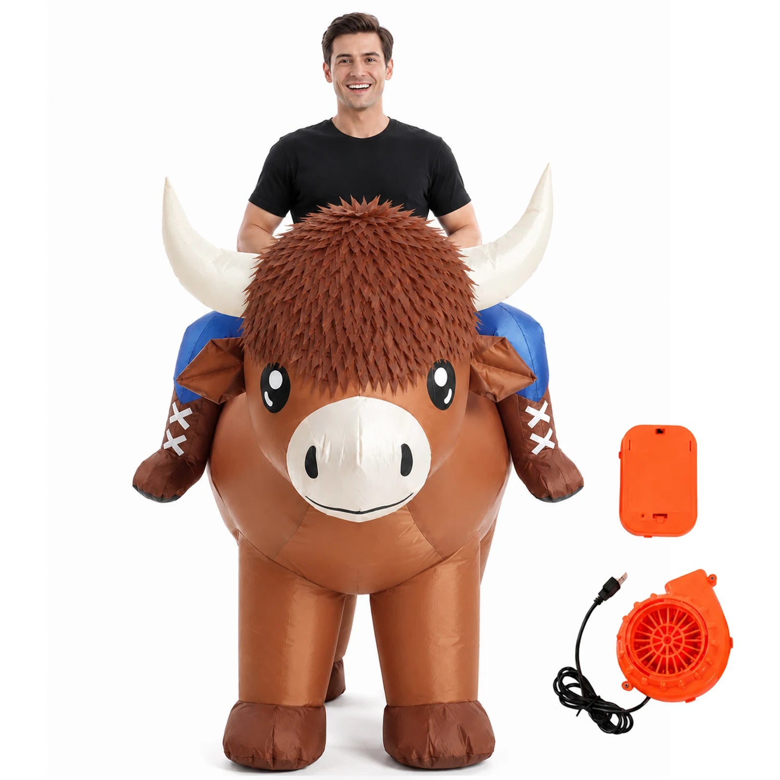 An adult wears the inflatable Highland cow costume with shaggy print, curved horns and faux legs.