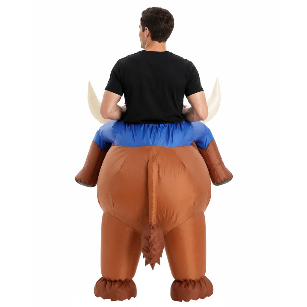 Side and rear views show the Highland cow costume's printed body, tail and wearer opening.