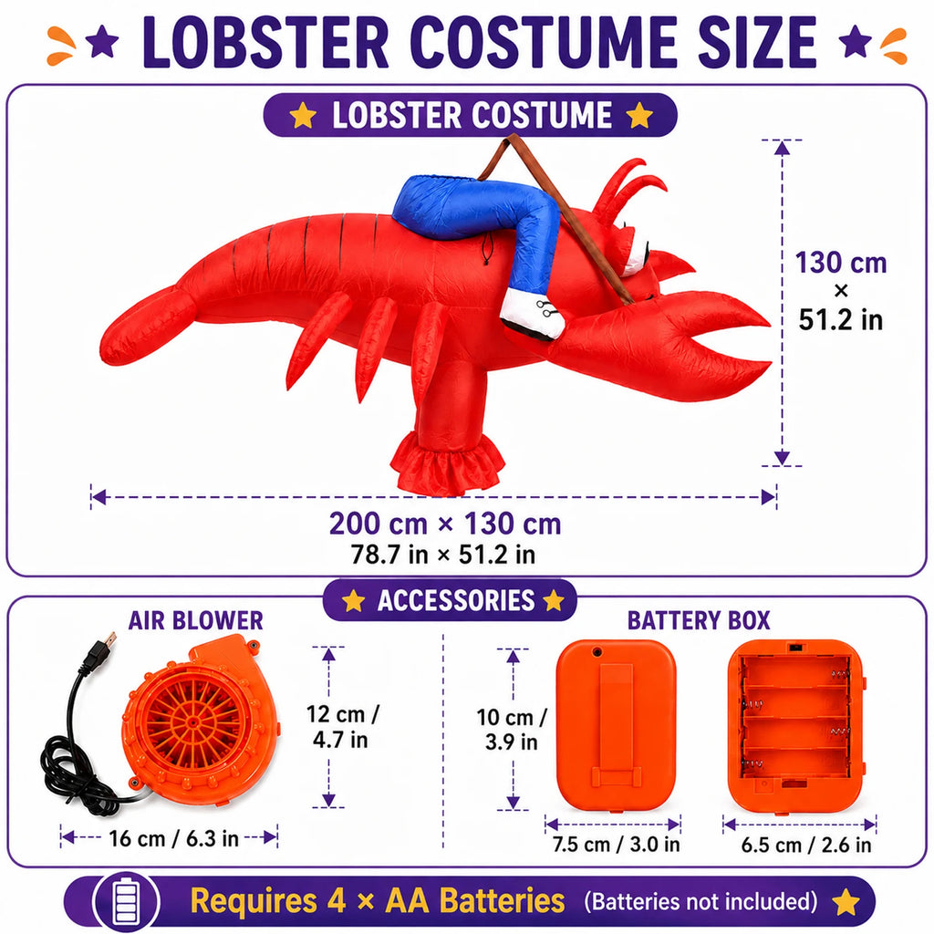 Lobster costume measurements are displayed with the included USB blower and battery box.