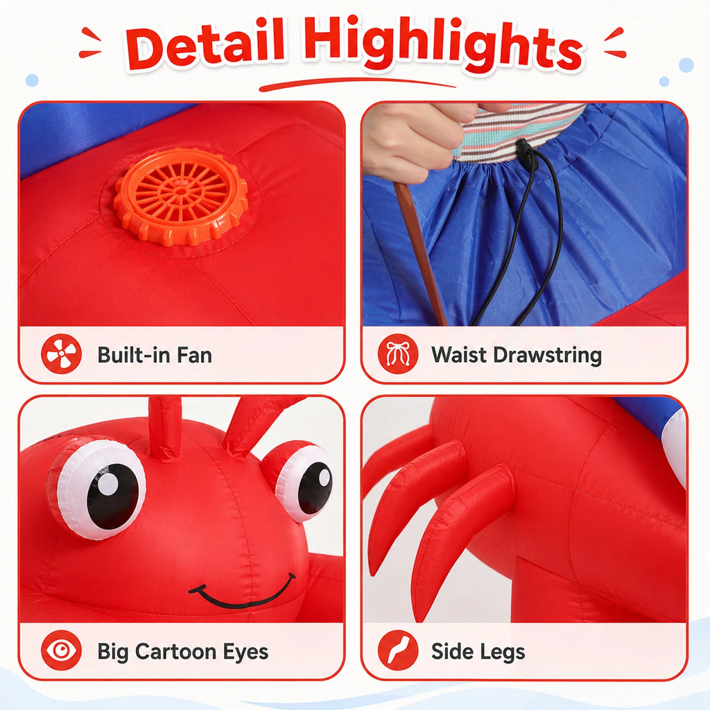 Detail panels show the lobster costume fan, adjustable waist drawstring, cartoon eyes and side legs.