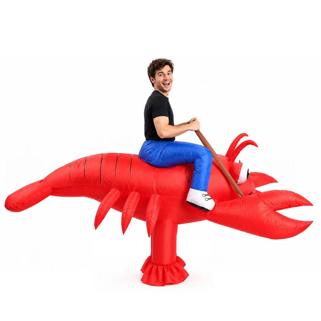 Front view highlights the inflatable lobster costume's cartoon eyes, claws and faux rider legs.