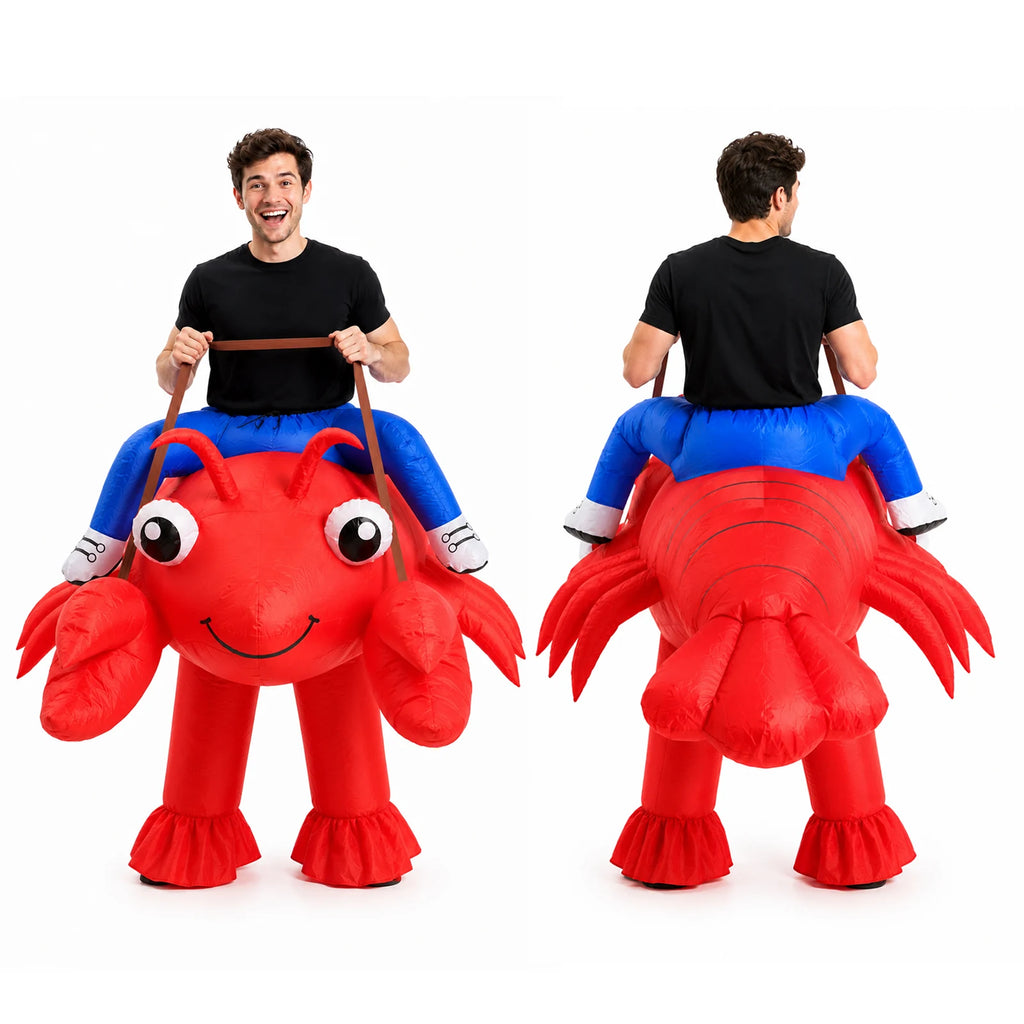 Front, side and rear comparisons show the complete red ride-on lobster silhouette while worn.