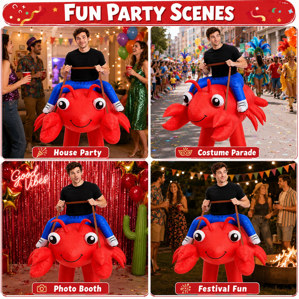 The inflatable lobster costume is presented for parades, photo booths, festivals and costume parties.