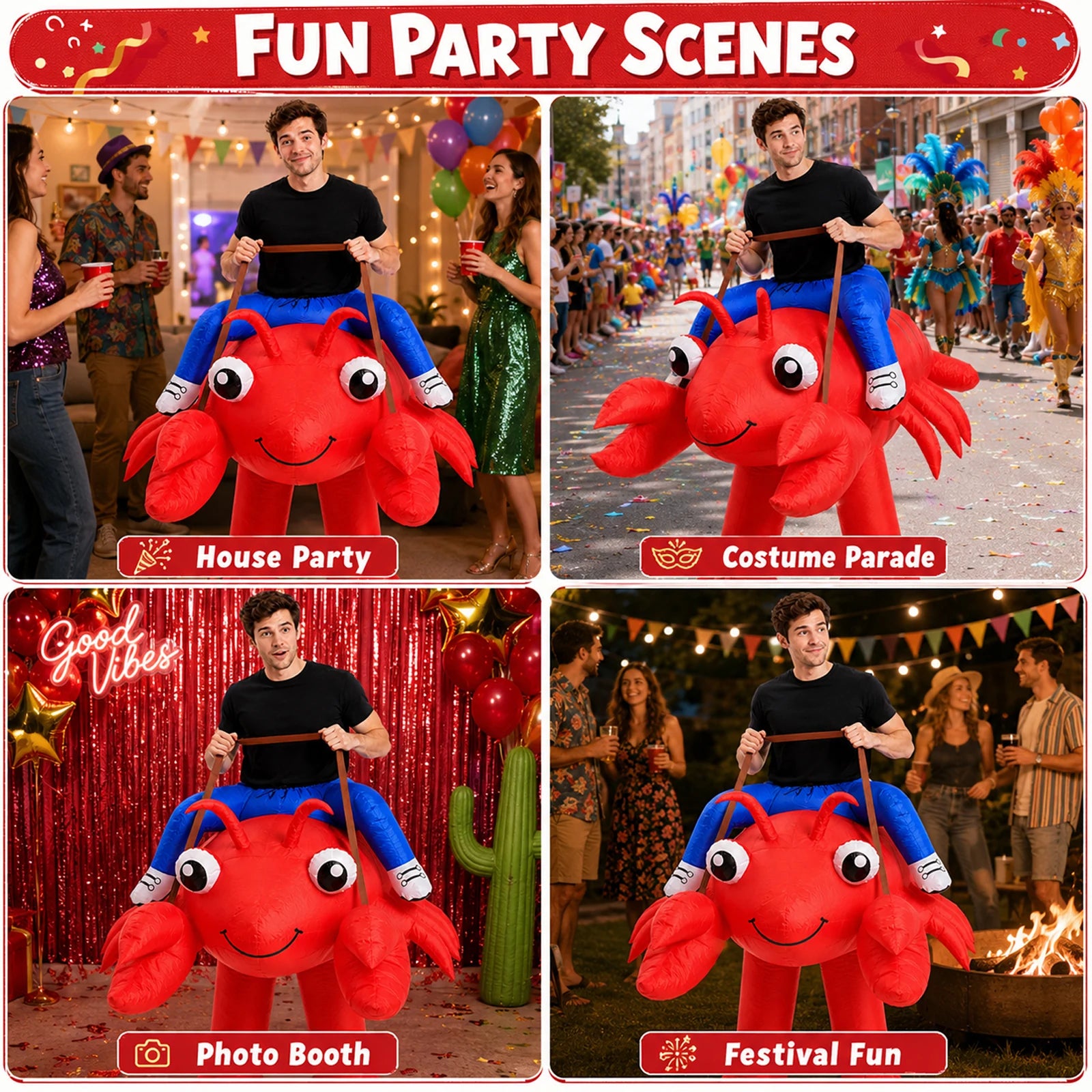 The inflatable lobster costume is presented for parades, photo booths, festivals and costume parties.