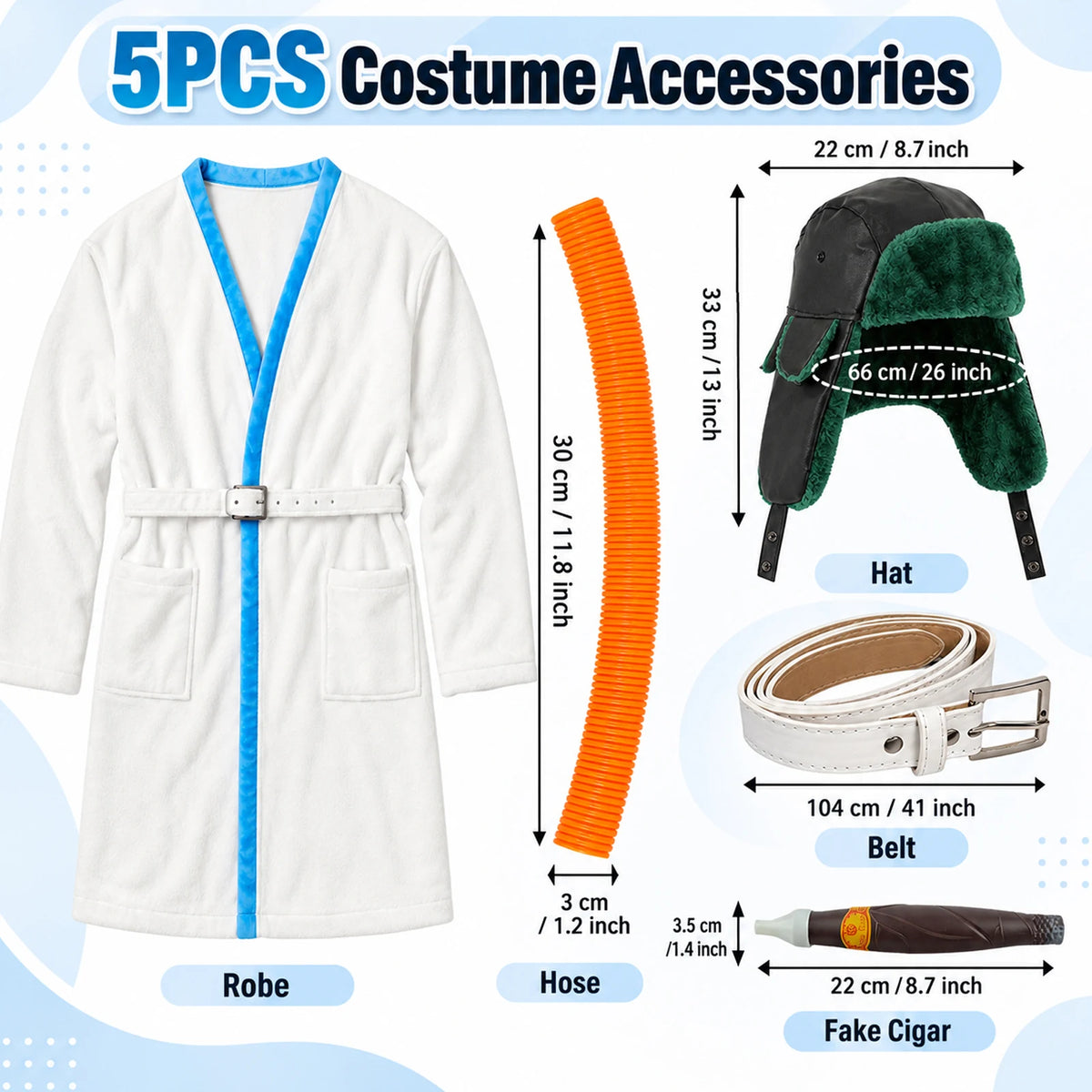 Diagram labels one robe, hat, belt, hose and fake cigar, with measurements for the accessories.