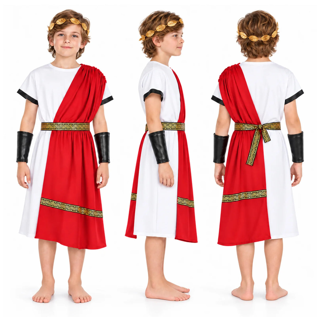 Three views reveal the red shoulder drape, white tunic and tied belt of this Roman toga costume.