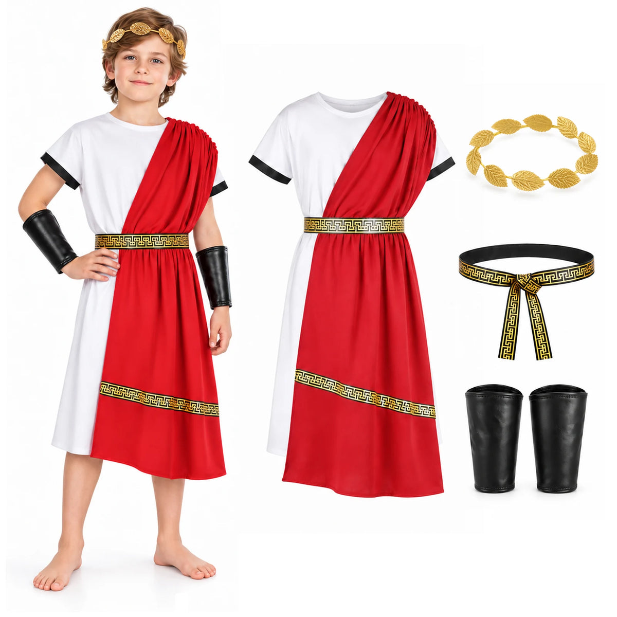 A child wears the red and white Roman toga costume with laurel headband beside a flat lay of the four-piece set.