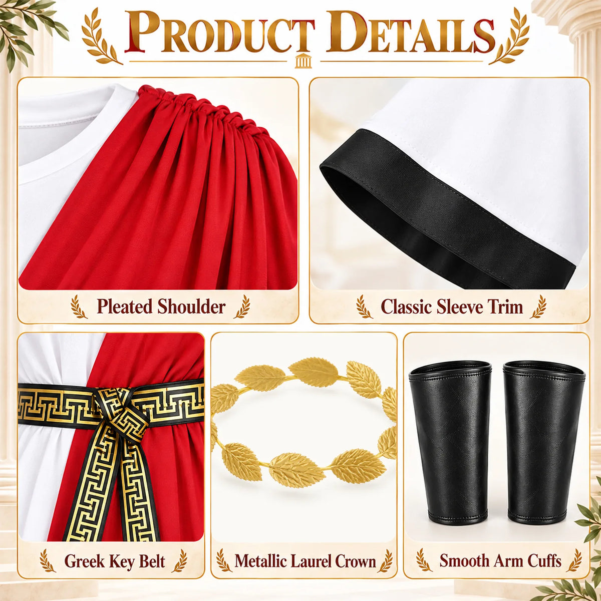 Roman toga costume details show the pleated red shoulder, black sleeve trim, Greek-key belt, laurel headpiece and smooth cuffs.