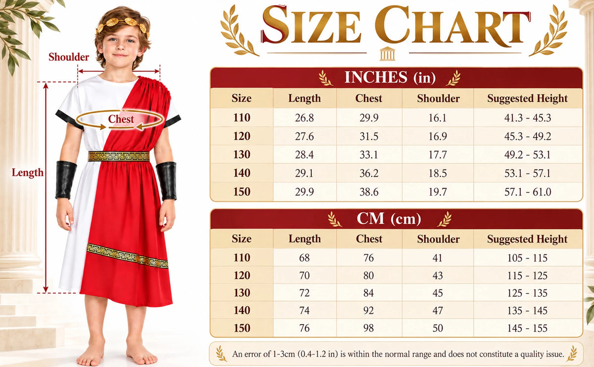 The red-and-white Roman costume chart gives five sizes with garment length, chest, shoulder width and suggested height in centimeters and inches.