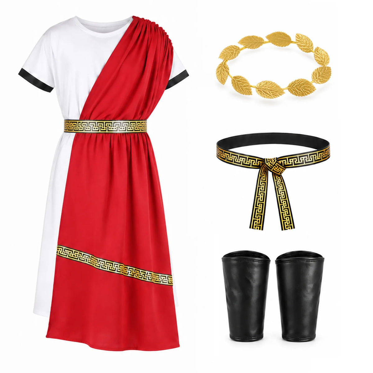 The red and white Roman toga costume set displays its tunic, gold-tone leaf headpiece, patterned belt and two black cuffs.