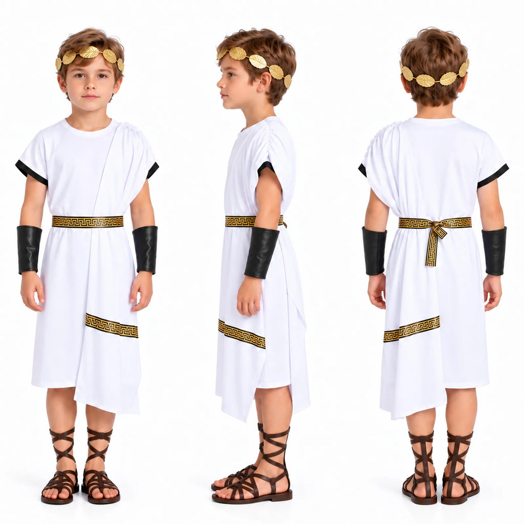 Front, side and back views show the white Roman toga costume and its draped shoulder panel.