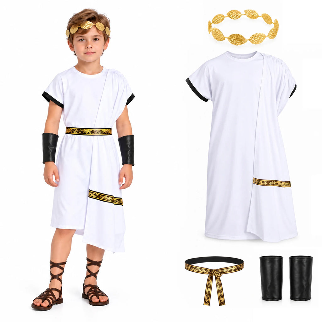 A child wears the white Roman toga costume with laurel headband, belt and cuffs beside a flat lay of the four-piece set.