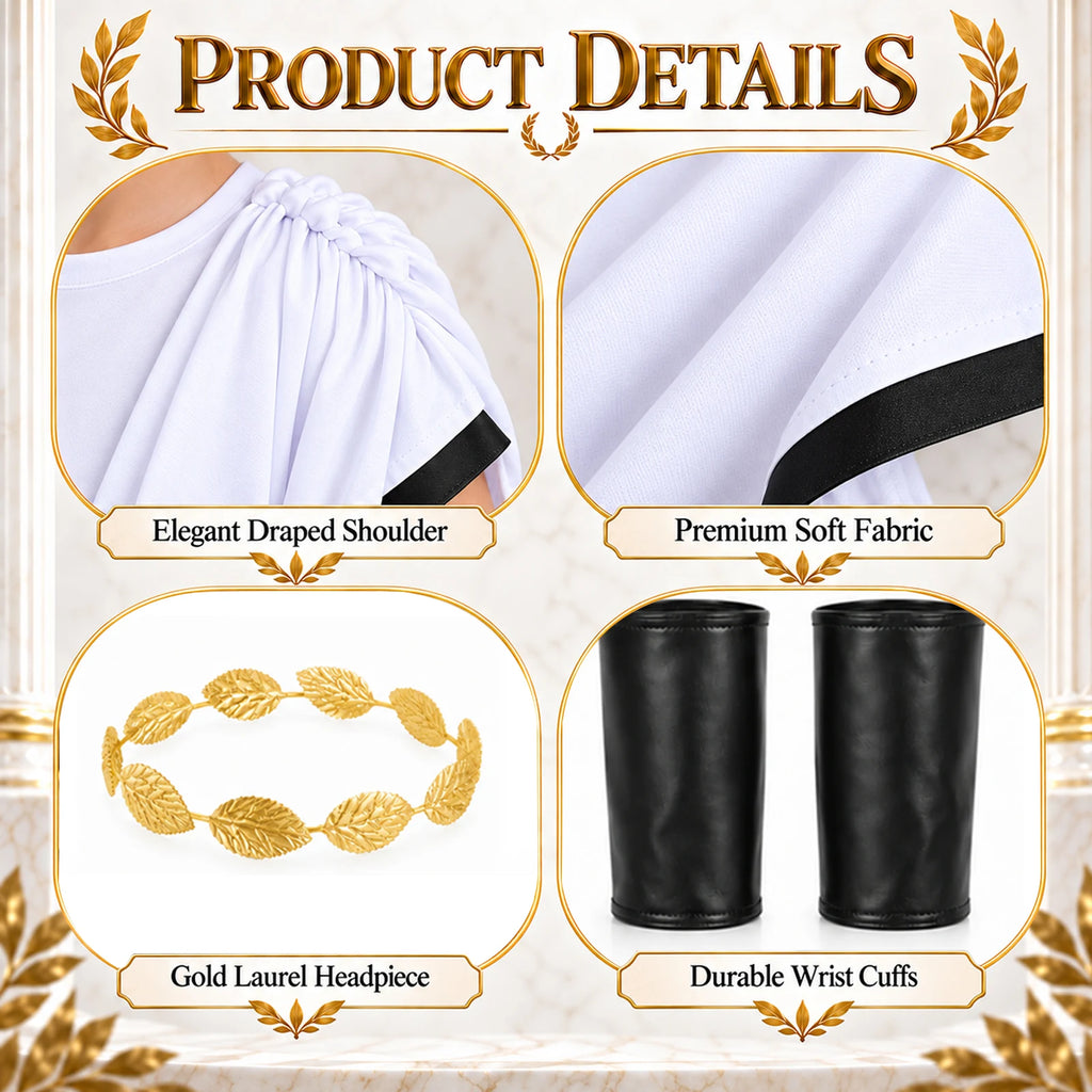 White Roman costume close-ups show the draped shoulder, sleeve trim, laurel headpiece and black cuffs.