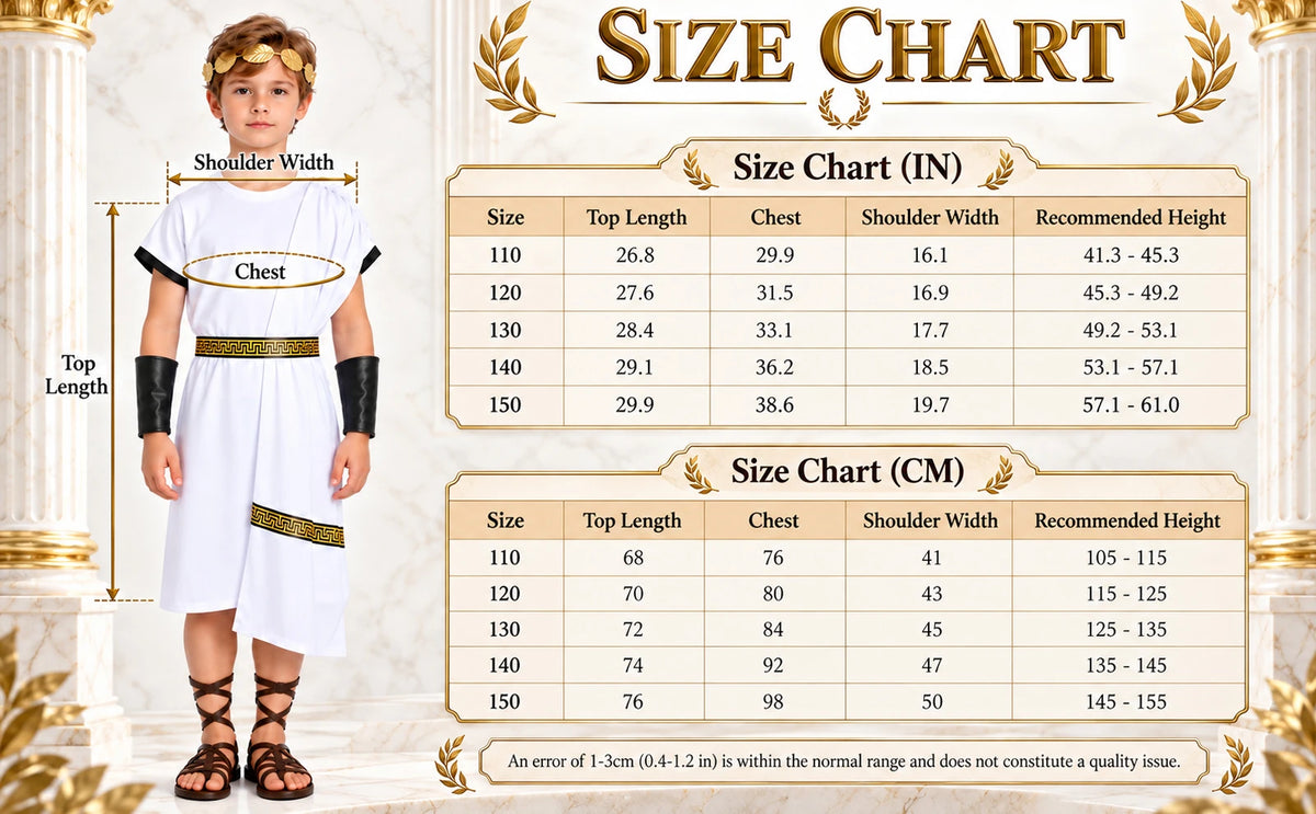 The white Roman costume size chart lists length, chest, shoulder width and recommended height for sizes 110–150.