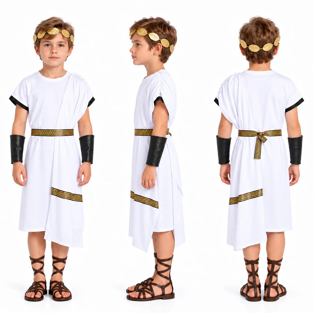 Three views show the white Roman toga costume's draped shoulder, tied patterned belt and gold-tone laurel headpiece.