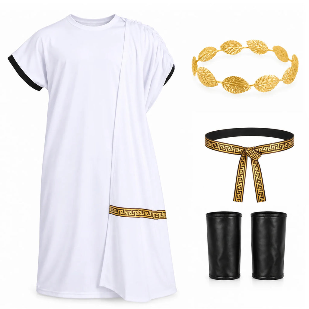 The white Roman toga costume is arranged with a gold-tone laurel headpiece, patterned belt and two black cuffs.
