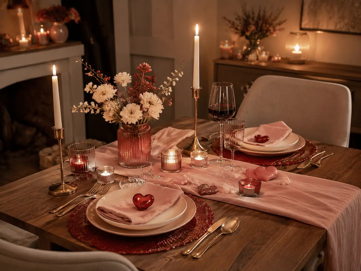 Romantic Valentine’s table for two with candles, blush linens and red accents