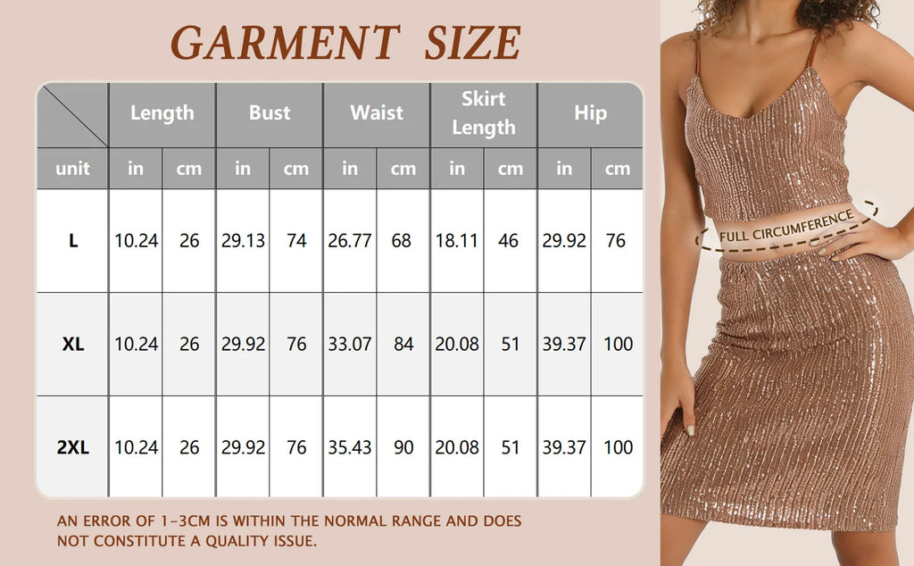 Garment size chart showing the available measurements for the rose gold sequin crop top and skirt set.