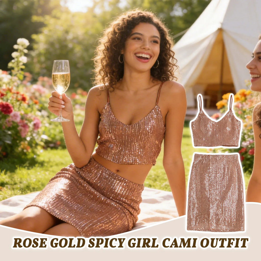A product detail panel highlights the cami straps, elastic waistband and rose gold sequin fabric of the rose gold sequin crop top and skirt set.