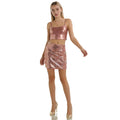 A woman models the rose gold sequin mini skirt from the front against a white background, showing its overall silhouette.