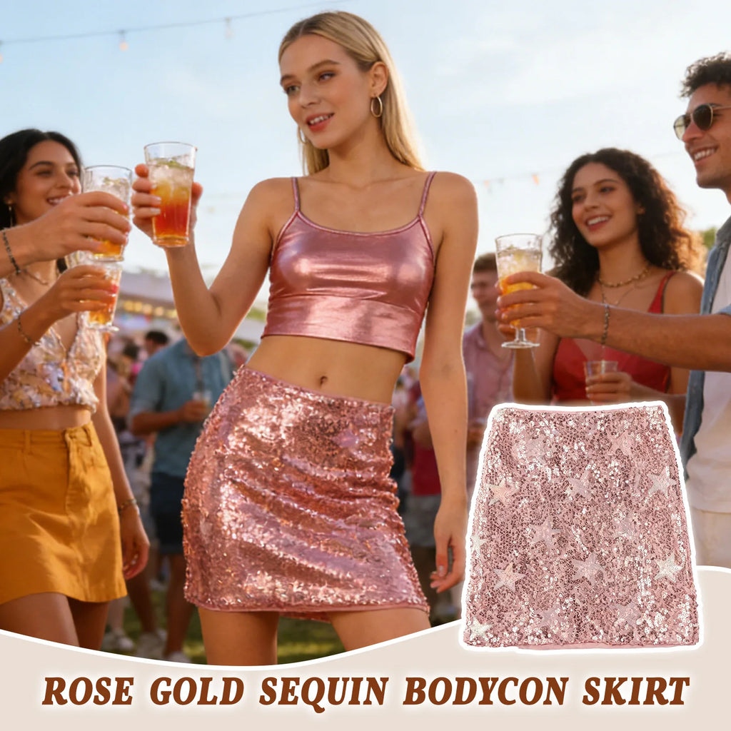 A woman wears the rose gold sequin mini skirt in festive party settings, showing how the sequins catch the event lighting.