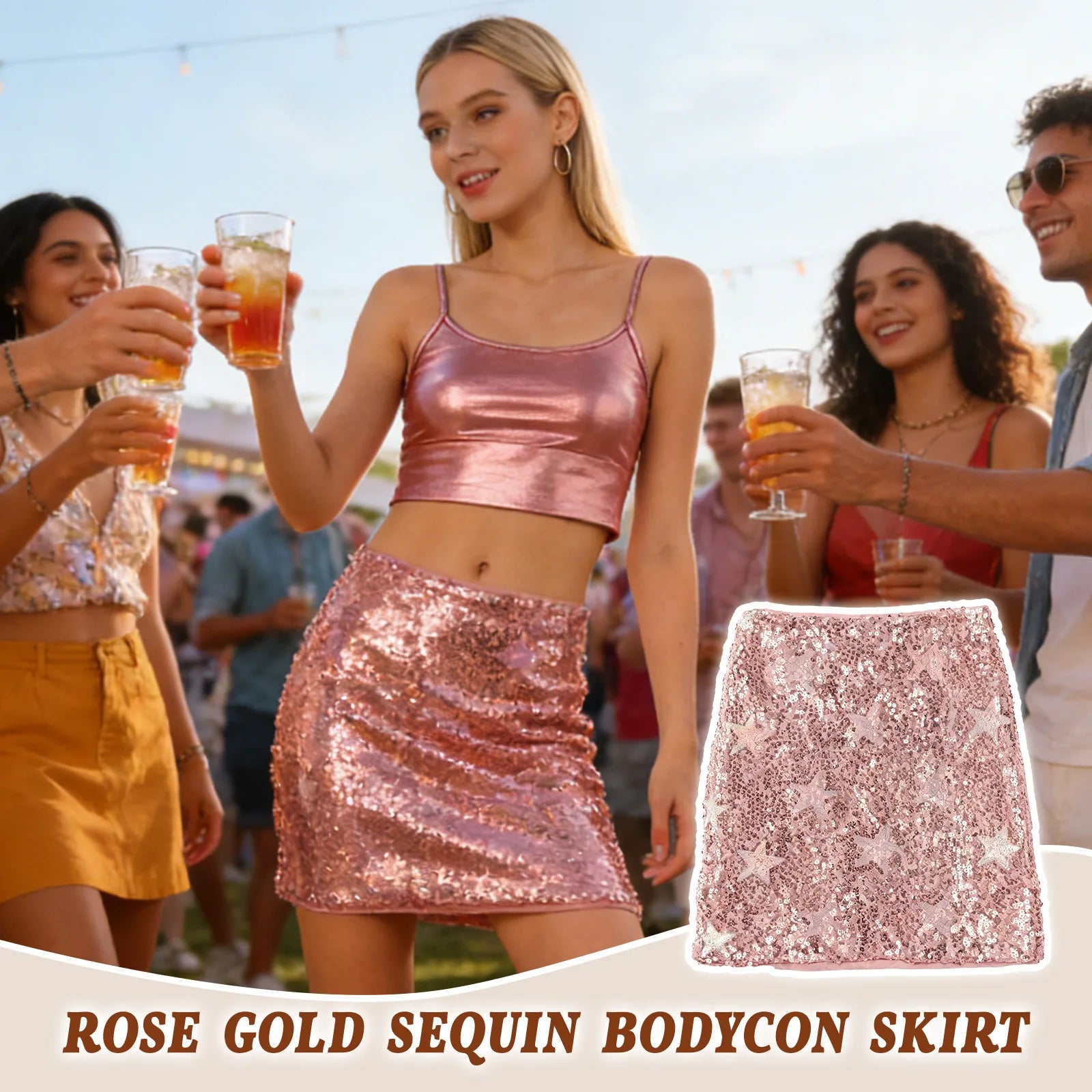 A woman wears the rose gold sequin mini skirt in festive party settings, showing how the sequins catch the event lighting.
