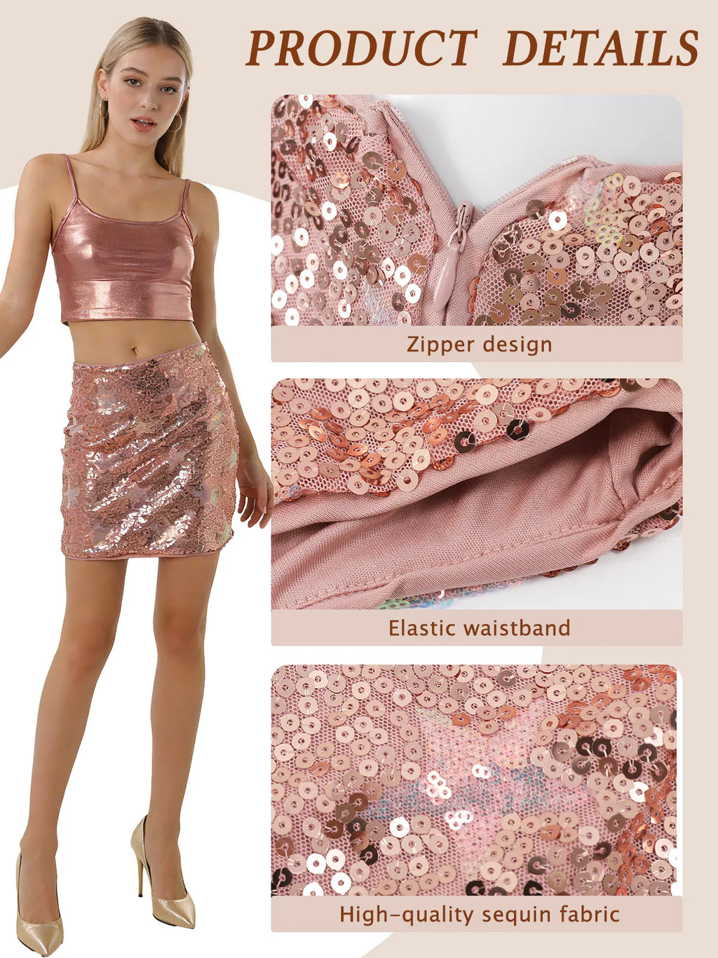 A product detail panel highlights the fabric texture and construction details of the rose gold sequin mini skirt.