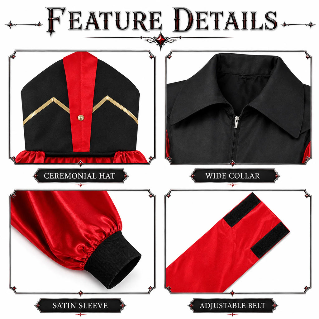 Close-up details of the royal vizier costume robe, tall hat and red accents.