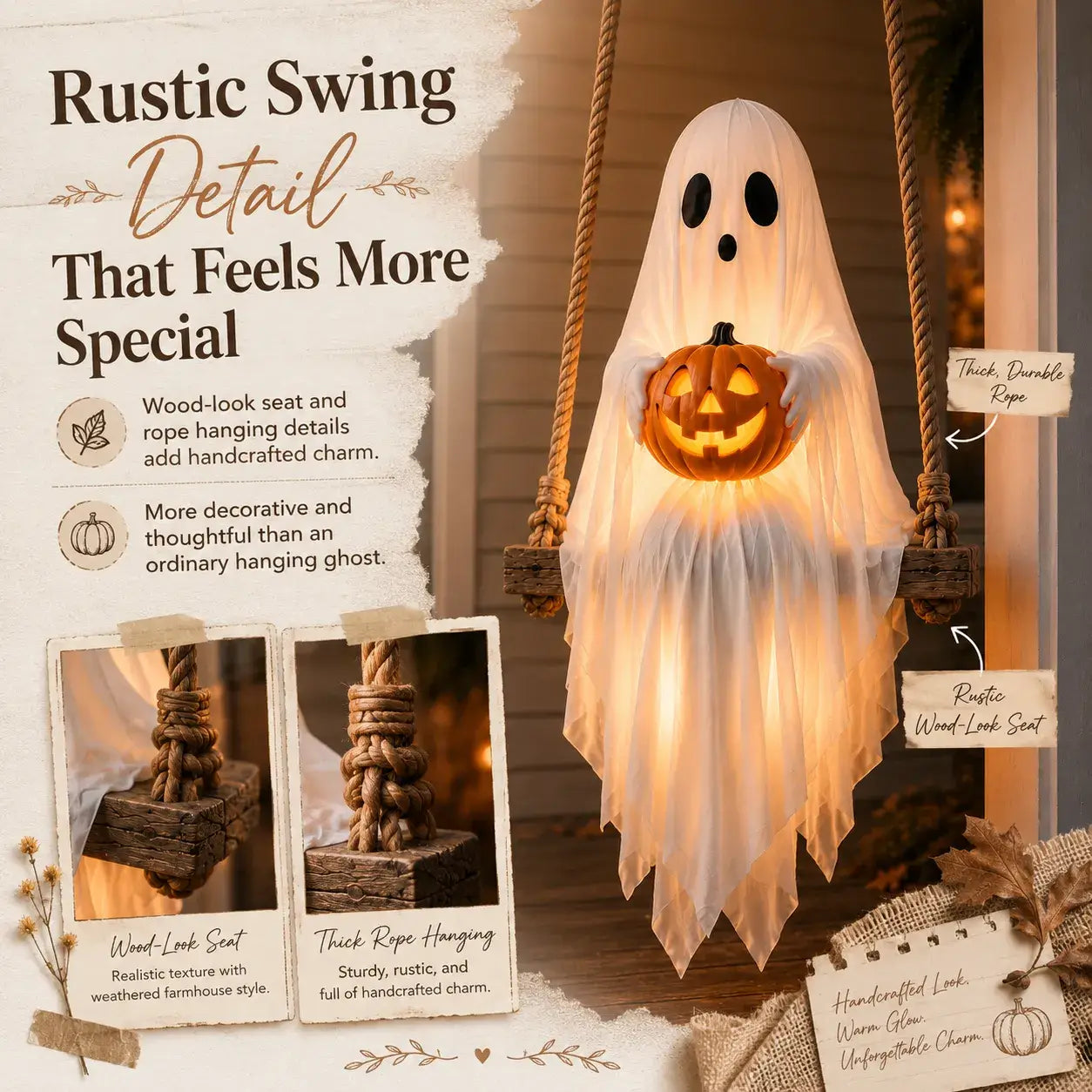 Rustic ghost swing with thick rope and wood-look seat detail