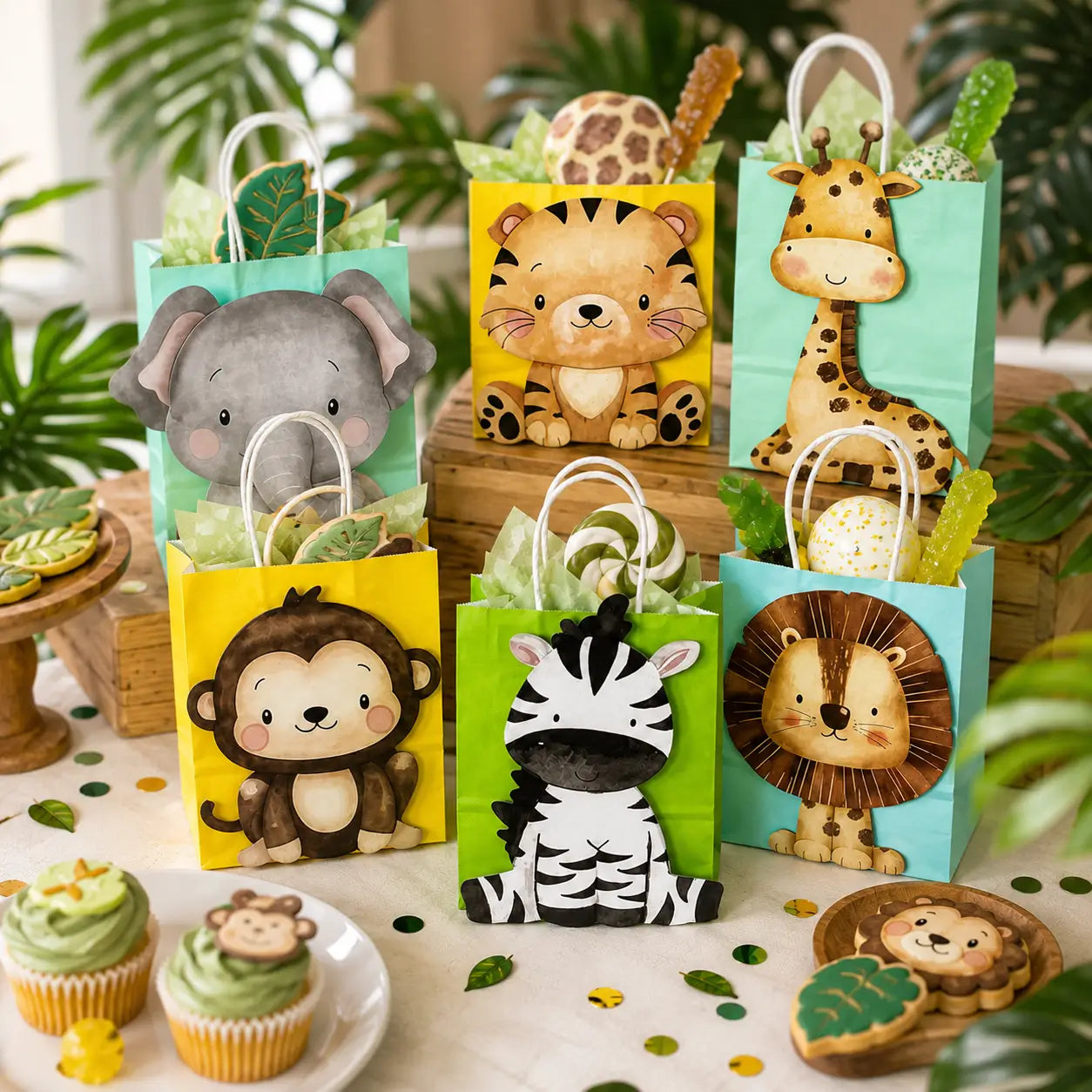 Safari animal party favor bags displayed on a jungle themed birthday party table with elephant, giraffe, tiger, zebra, lion and monkey designs