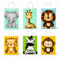 Set of 6 safari animal party favor bags featuring elephant, giraffe, lion, tiger, zebra and monkey designs