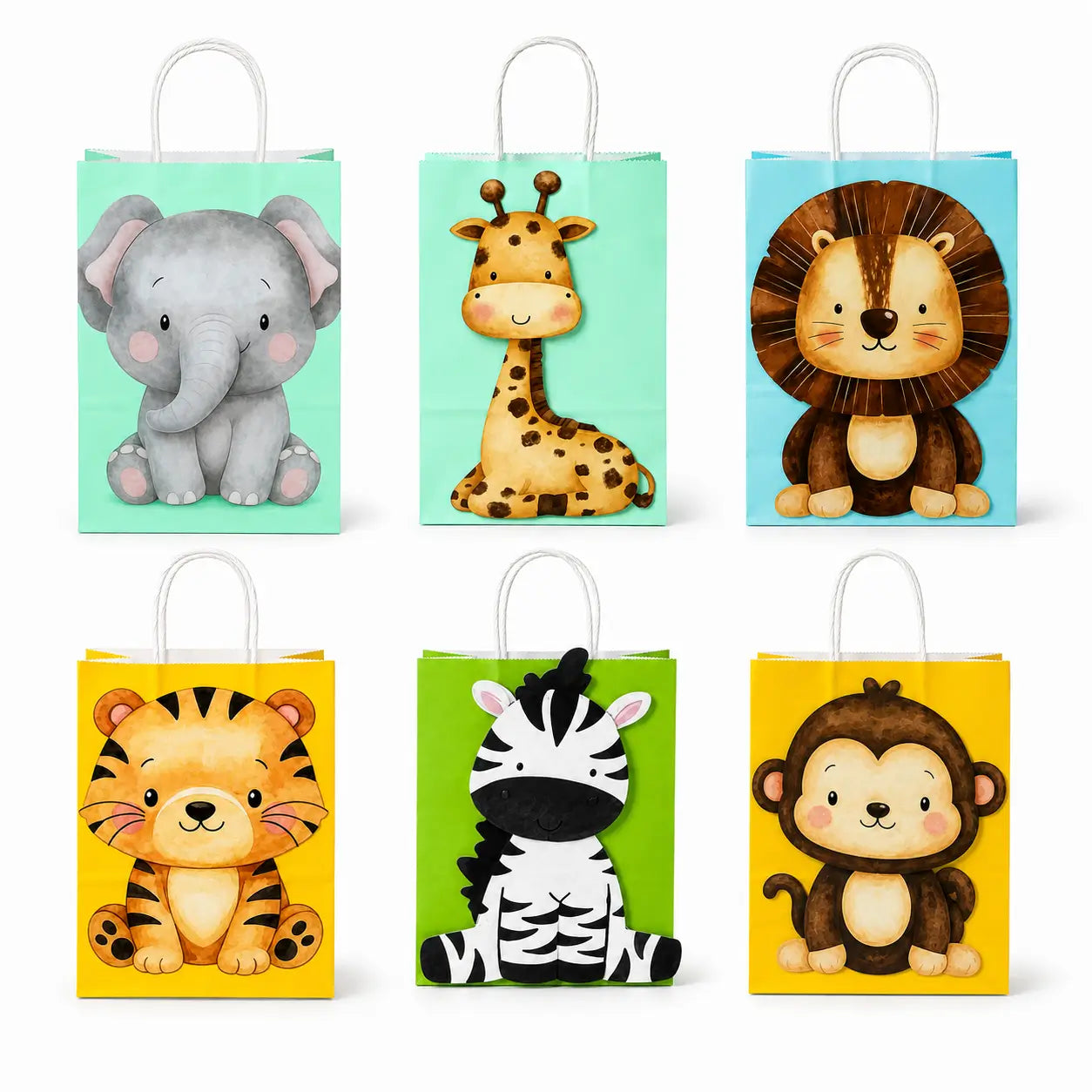 Set of 6 safari animal party favor bags featuring elephant, giraffe, lion, tiger, zebra and monkey designs
