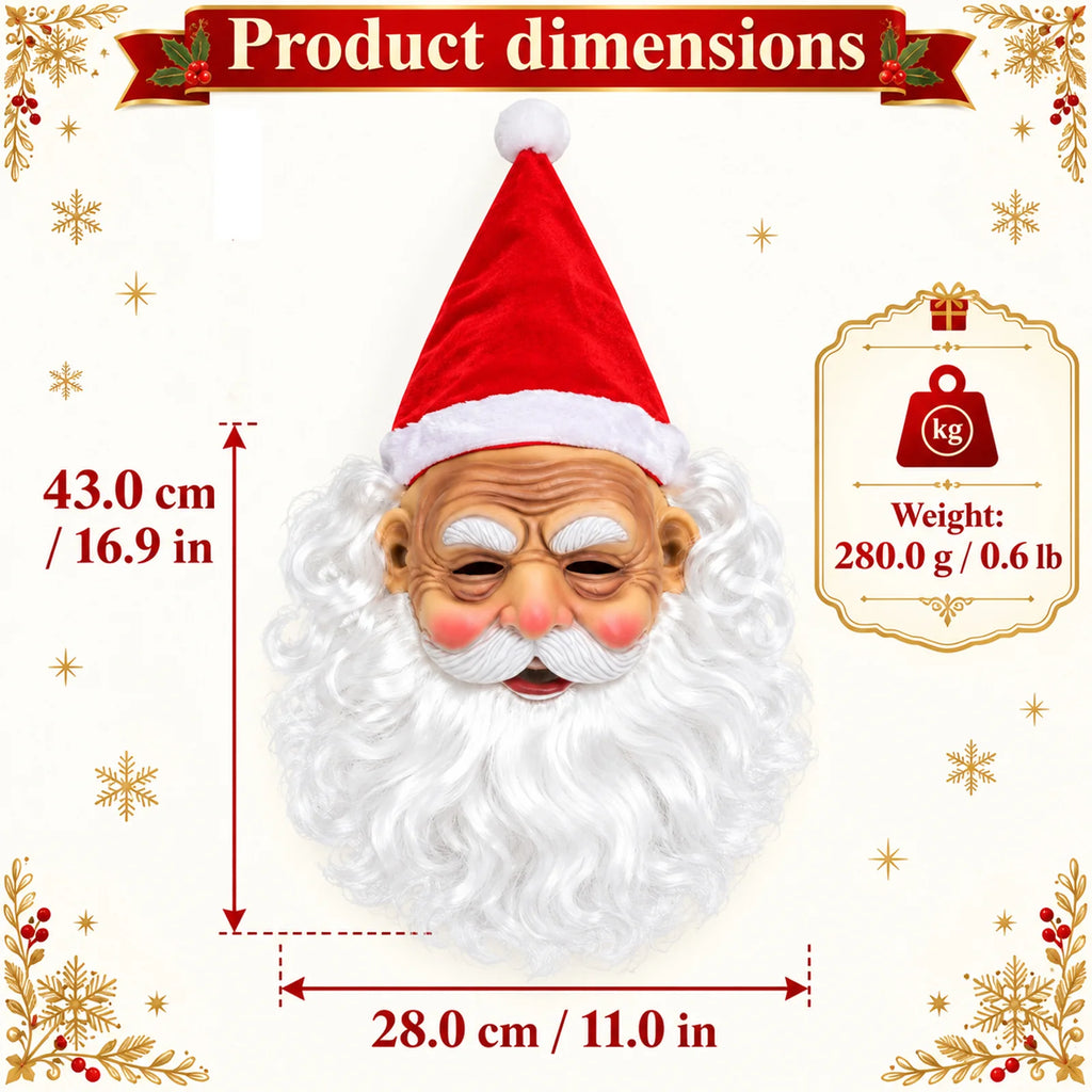 Dimensions graphic labels the Santa mask as 43 by 28 centimeters and 280 grams.