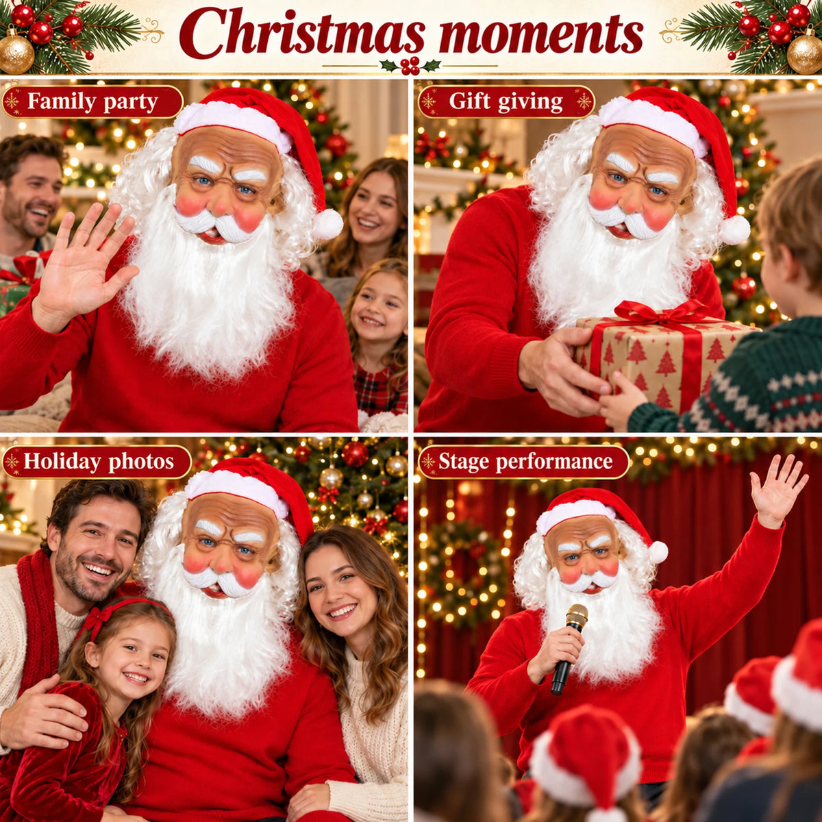 Four holiday scenes show the Santa mask at parties, gift giving and performances.