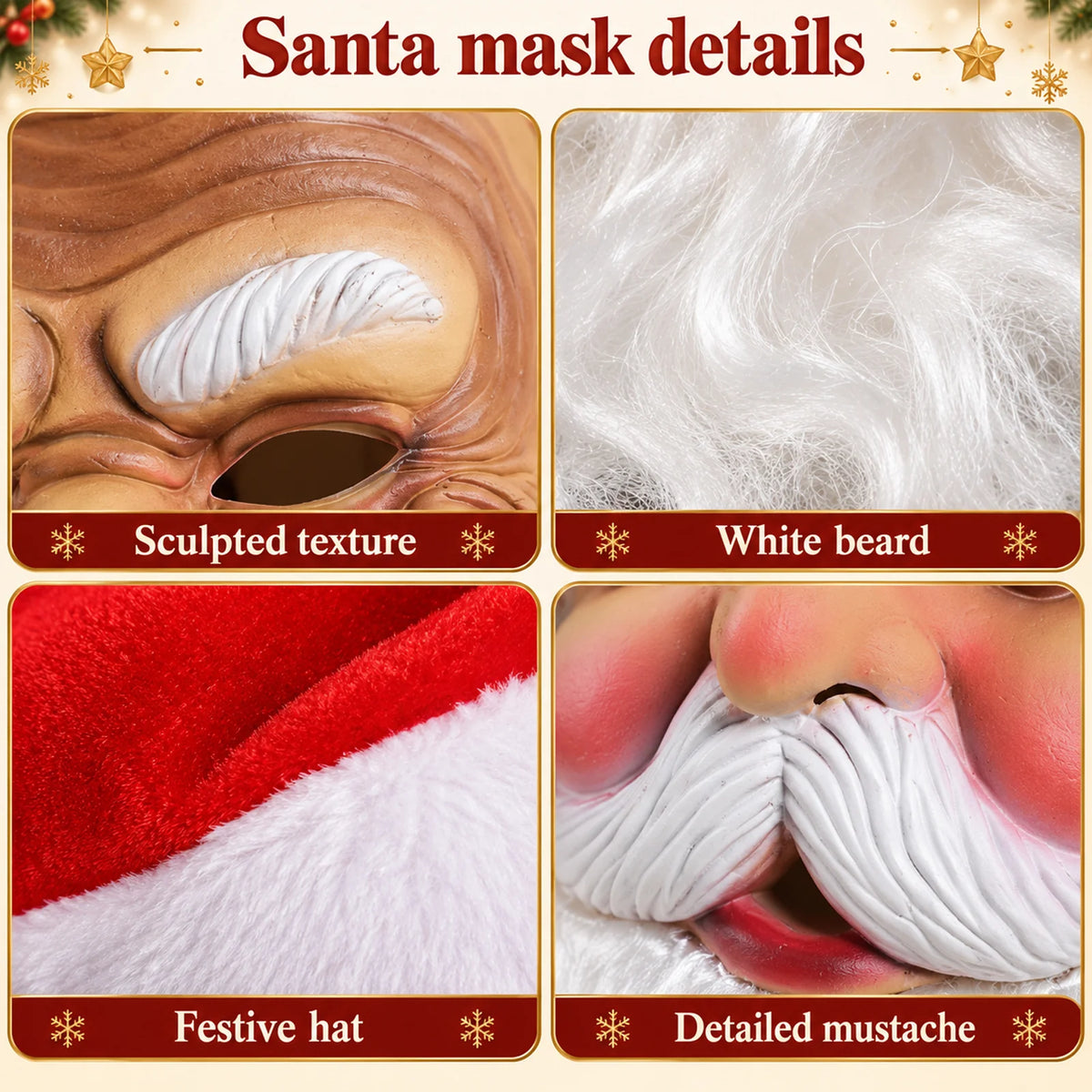 Detail panels show the sculpted face, white beard, hat and mustache.